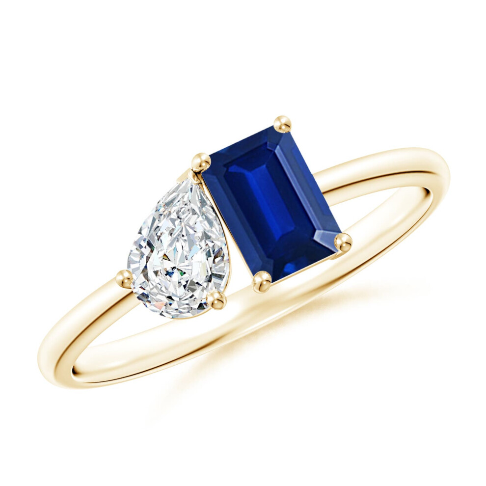 (S 1/2, 9ct Yellow Gold) Angara Lab-Grown Classic Two-Stone Emerald-Cut Blue Sapphire & Pear Diamond Ring for Women-image-OPC-PGHNVSN-NEW