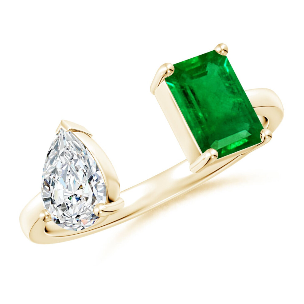 (O 1/2, 14ct Yellow Gold) Angara Lab-Grown-Two-Stone Emerald-Cut Emerald & Pear Diamond Open Ring for Women-image-OPC-PGHNWCR-NEW