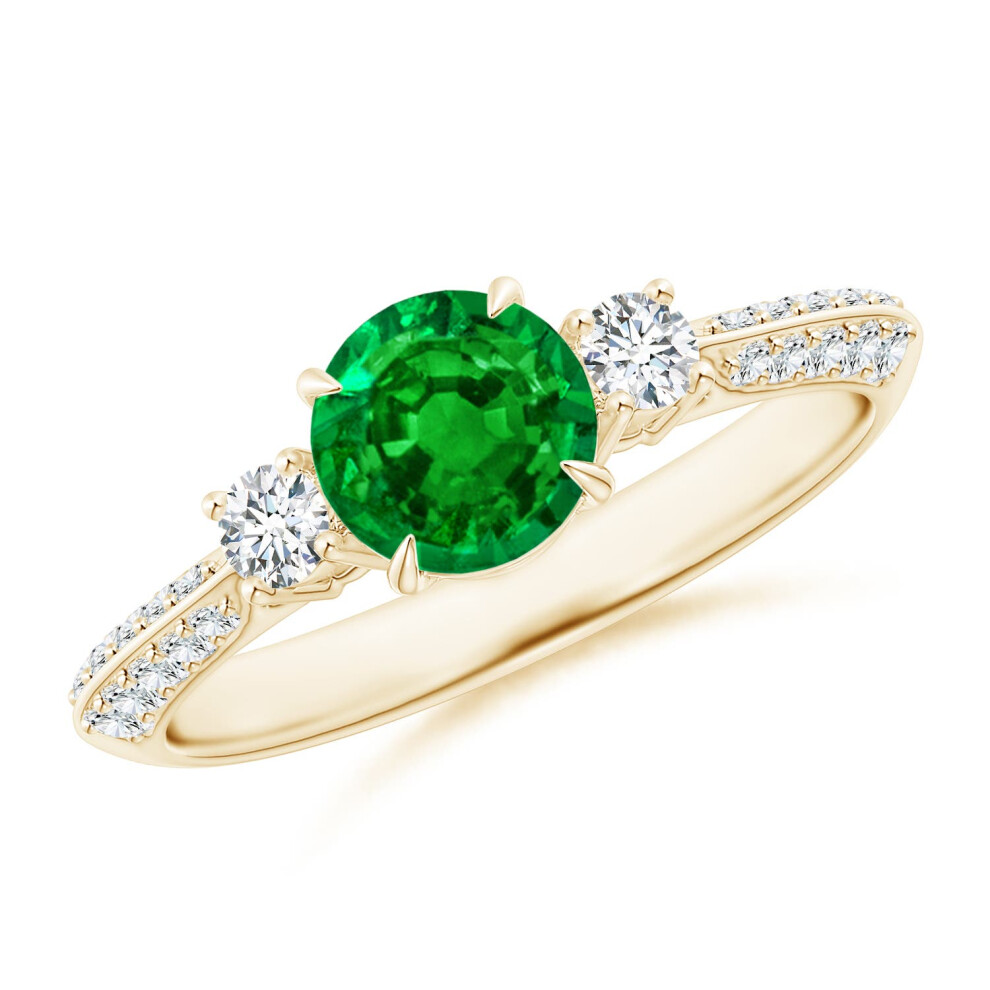(T 1/2, 9ct Yellow Gold) Angara Lab-Grown-Three Stone Emerald and Diamond Knife-Edge Shank Ring for Women-image-OPC-PGHNXHS-NEW
