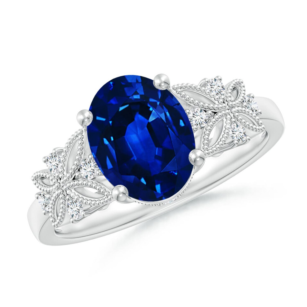 (P 1/2, 9ct White Gold) Angara Lab-Grown Vintage Style Oval Sapphire Ring with Diamonds for Women-image-OPC-PGHNXQQ-NEW