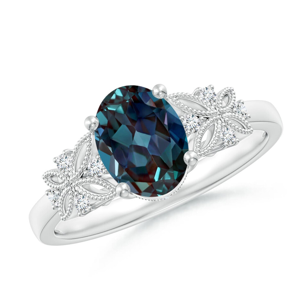 (K 1/2, 14ct White Gold) Angara Vintage Style Oval Lab-Grown Alexandrite Ring with Diamonds for Women-image-OPC-PGHNXXX-NEW
