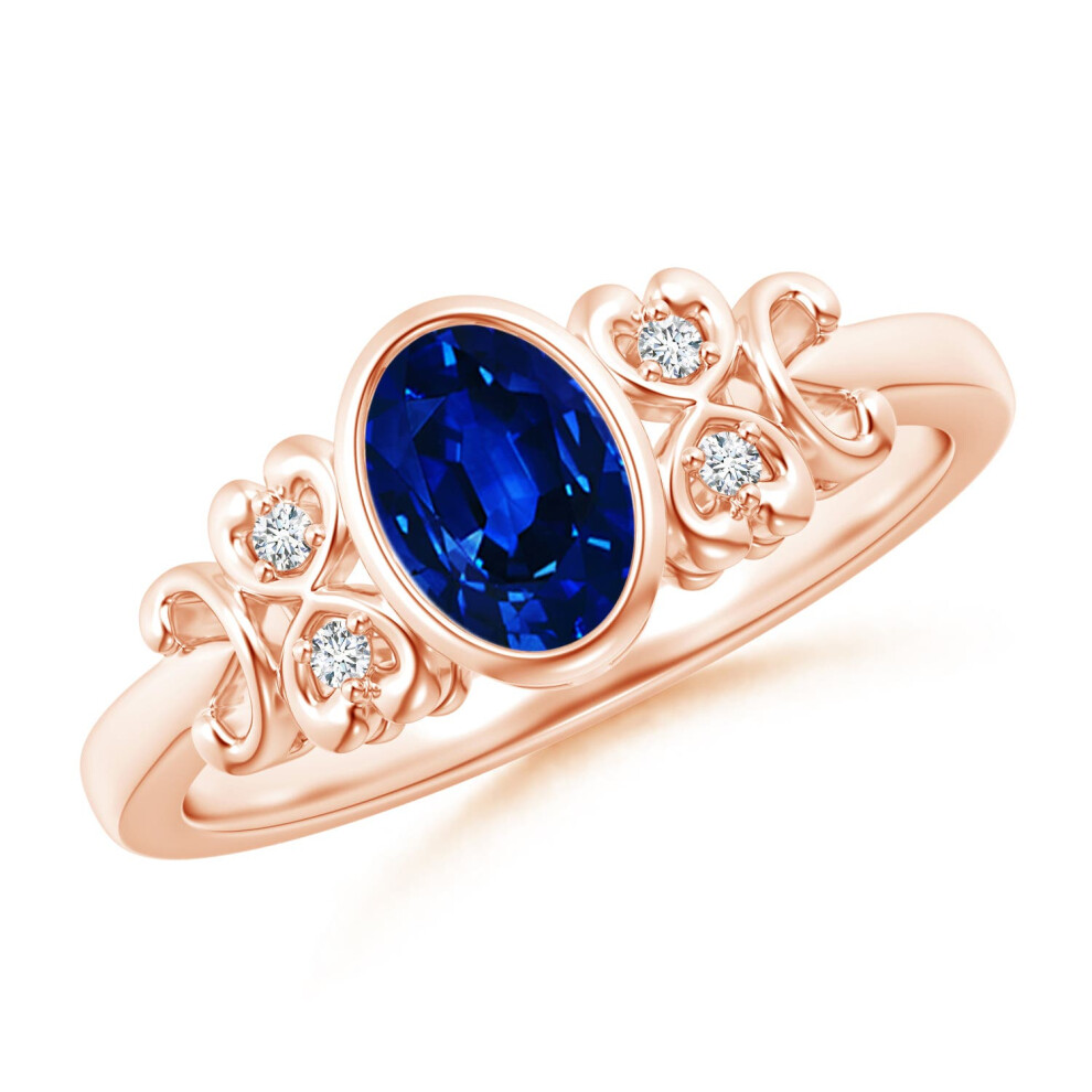 (Q 1/2, 9ct Rose Gold) Angara Lab-Grown Vintage Style Bezel-Set Oval Sapphire Ring with Diamonds for Women-image-OPC-PGHNZ2F-NEW
