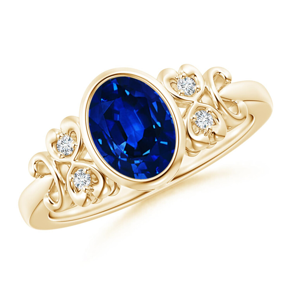 (P 1/2, 14ct Yellow Gold) Angara Lab-Grown Vintage Style Bezel-Set Oval Sapphire Ring with Diamonds for Women-image-OPC-PGHNZ7H-NEW
