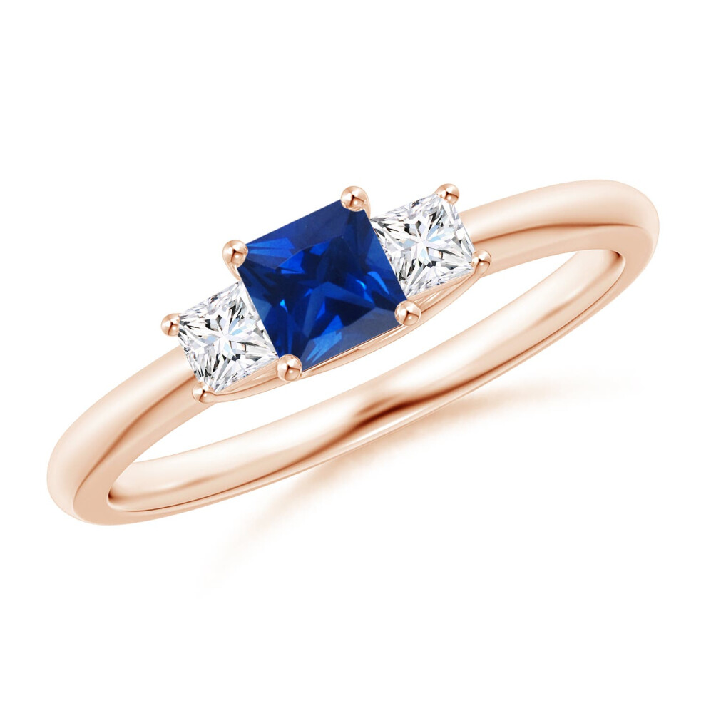 (S 1/2, 9ct Rose Gold) Angara Lab-Grown Square Sapphire and Princess Diamond Three Stone Ring for Women-image-OPC-PGHP256-NEW