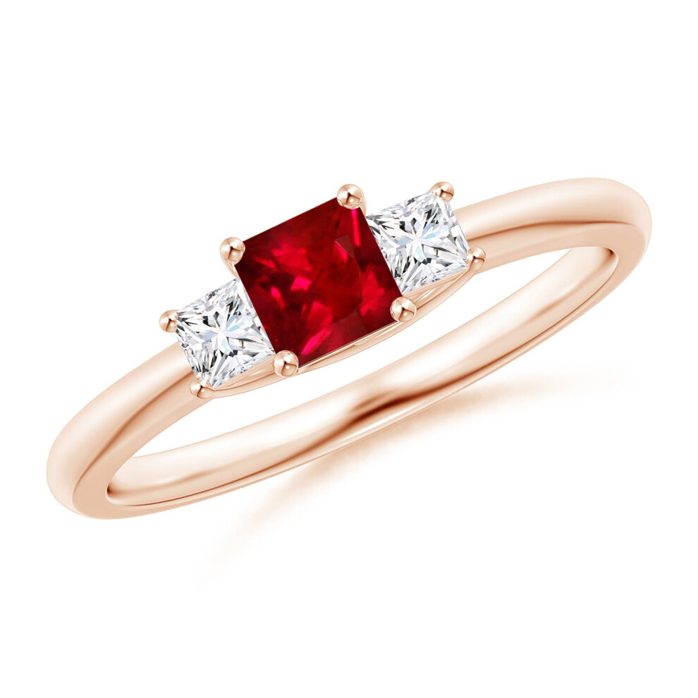 (M 1/2, 9ct Rose Gold) Angara Lab-Grown Square Ruby and Princess Diamond Three Stone Ring for Women-image-OPC-PGHP2PV-NEW
