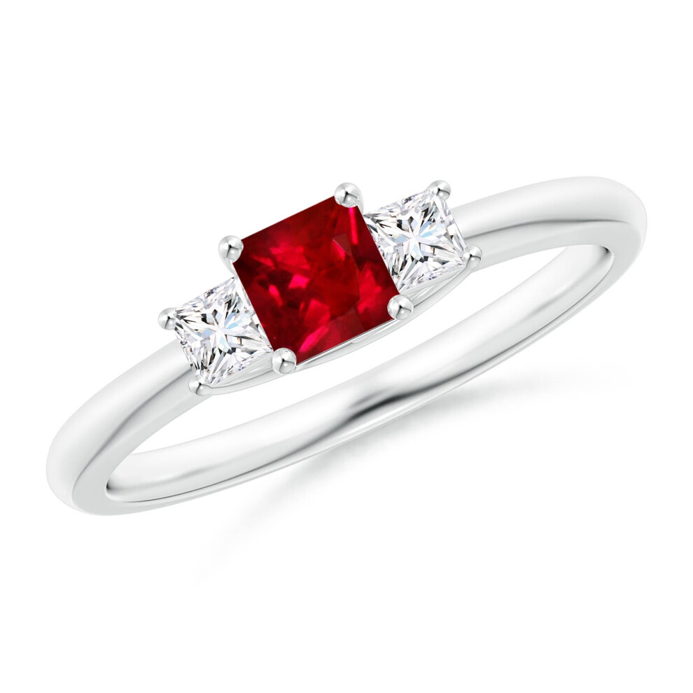 (T 1/2, 14ct White Gold) Angara Lab-Grown Square Ruby and Princess Diamond Three Stone Ring for Women-image-OPC-PGHP2QK-NEW