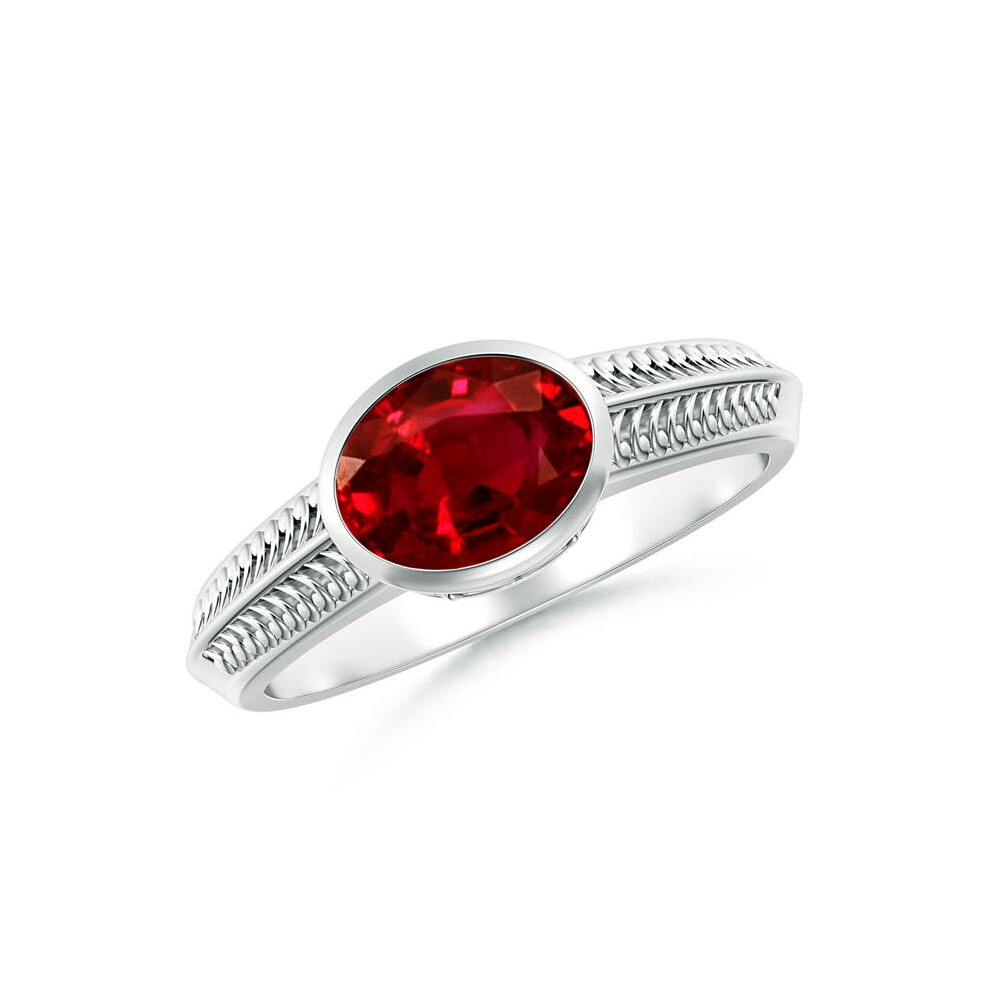 (L 1/2, 9ct White Gold) Angara Lab-Grown Vintage Inspired Bezel-Set Oval Ruby Ring with Grooves for Women-image-OPC-PGHP5JQ-NEW