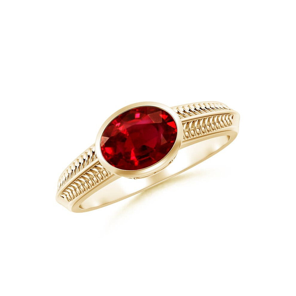 (Q 1/2, 9ct Yellow Gold) Angara Lab-Grown Vintage Inspired Bezel-Set Oval Ruby Ring with Grooves for Women-image-OPC-PGHP5NP-NEW