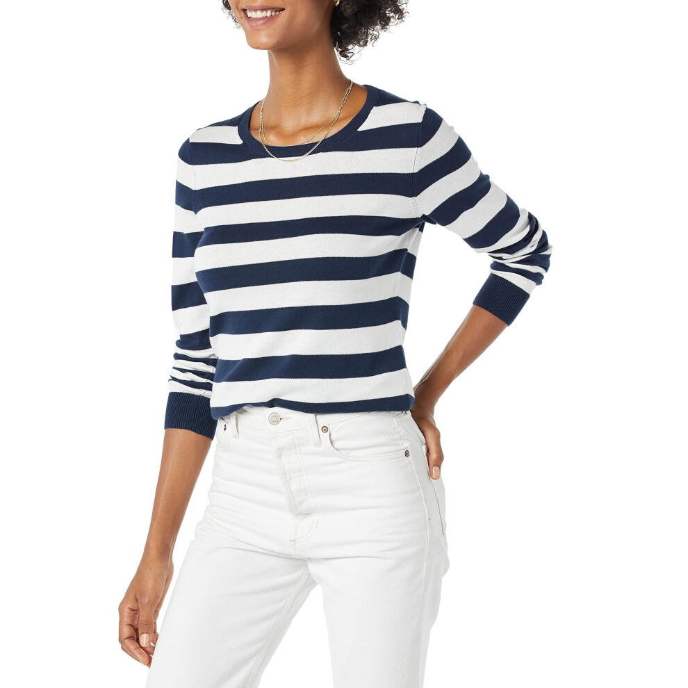Amazon Essentials Women's Long-Sleeve Lightweight Crewneck Sweater Available in Plus Size  Navy White Rugby Stripe  Medium
