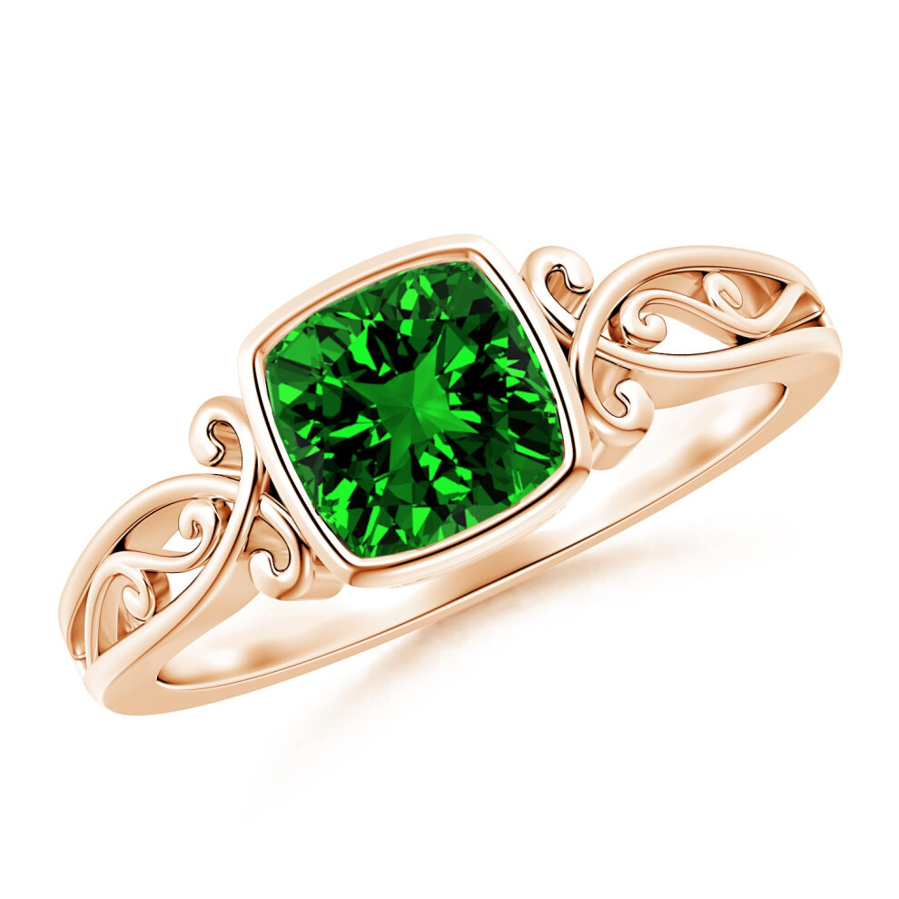 (K 1/2, 14ct Rose Gold) Angara Vintage Style Cushion Lab-Grown Emerald Solitaire Engagement Ring for Women-image-OPC-PGHP5PR-NEW
