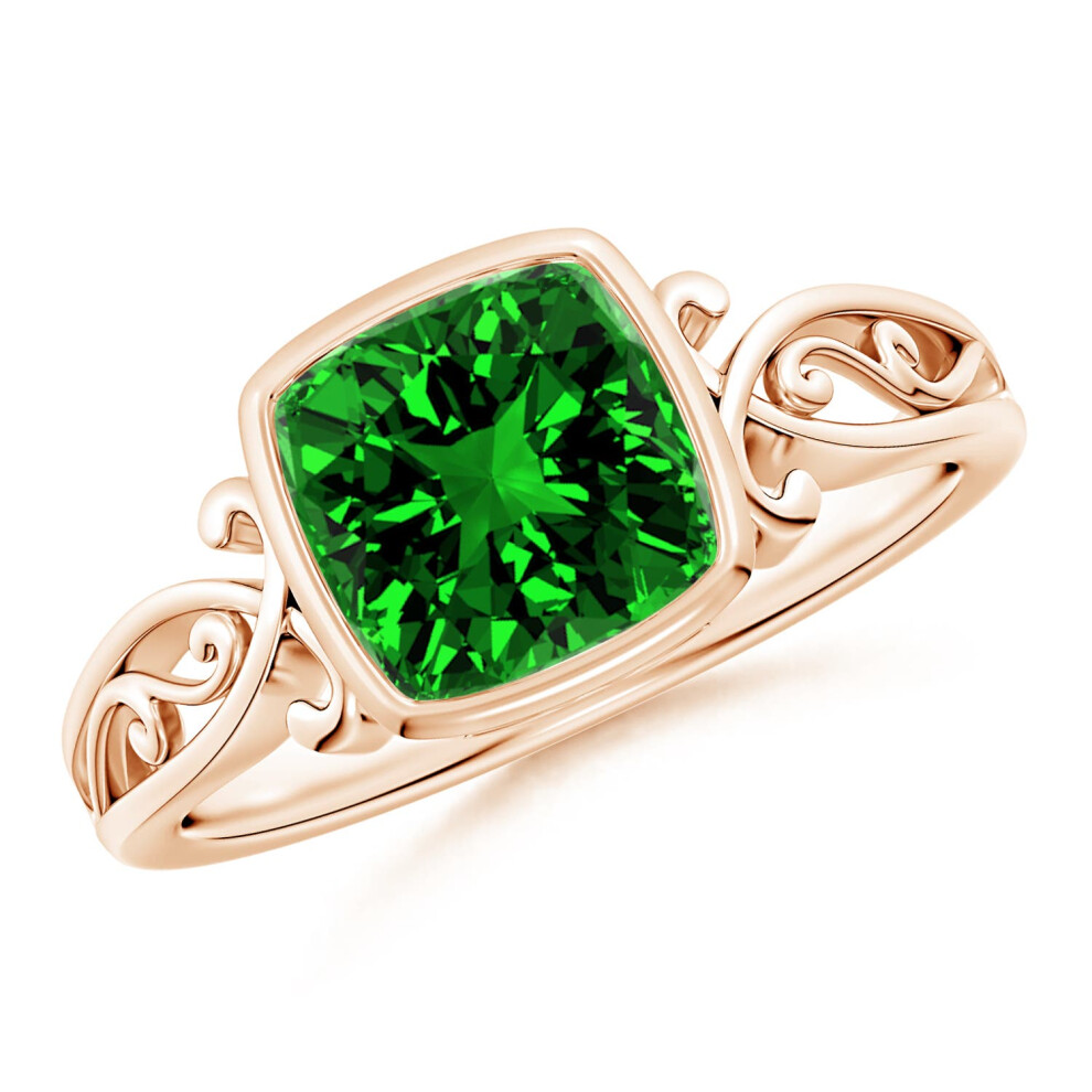 (Q 1/2, 9ct Rose Gold) Angara Vintage Style Cushion Lab-Grown Emerald Solitaire Engagement Ring for Women-image-OPC-PGHP5SP-NEW