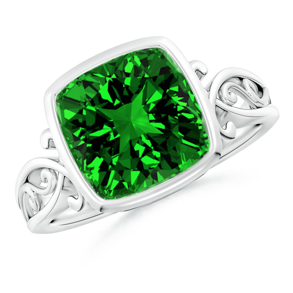 (N 1/2, 14ct White Gold) Angara Vintage Style Cushion Lab-Grown Emerald Solitaire Engagement Ring for Women-image-OPC-PGHP5WJ-NEW