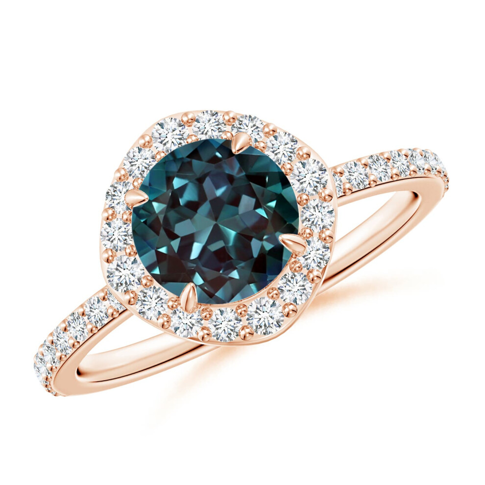 (Q 1/2, 14ct Rose Gold) Angara Vintage Style Claw-Set Round Lab-Grown Alexandrite Halo Ring for Women-image-OPC-PGHPKHP-NEW