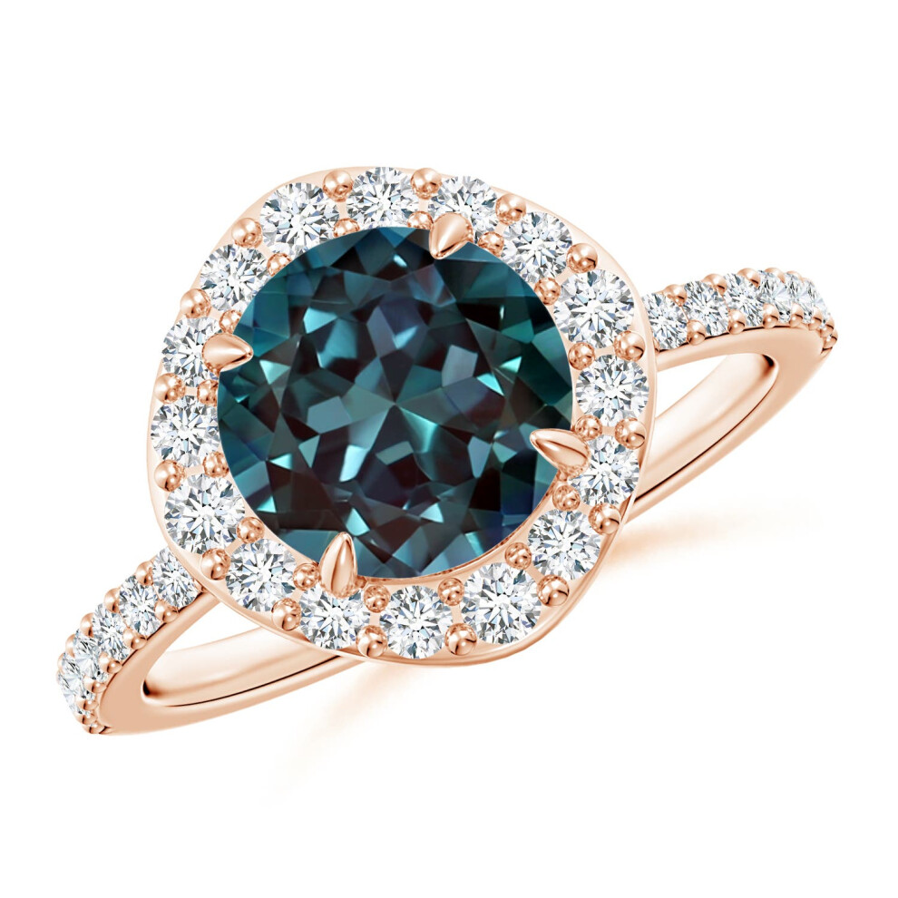 (P 1/2, 9ct Rose Gold) Angara Vintage Style Claw-Set Round Lab-Grown Alexandrite Halo Ring for Women-image-OPC-PGHPKKF-NEW