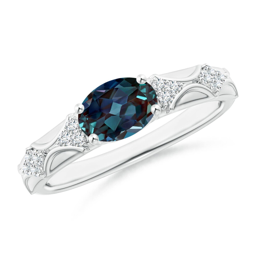 (P 1/2, 9ct White Gold) Angara Oval Lab-Grown Alexandrite Vintage Style Ring with Diamond Accents for Women-image-OPC-PGHPPFP-NEW