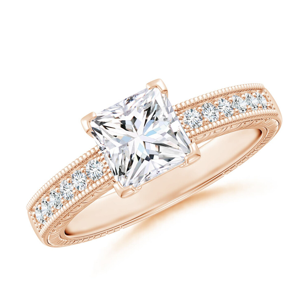 (J 1/2, 14ct Rose Gold) Angara Lab-Grown Princess Cut Diamond Solitaire Ring with Milgrain Detailing for Women-image-OPC-PGHPS9J-NEW