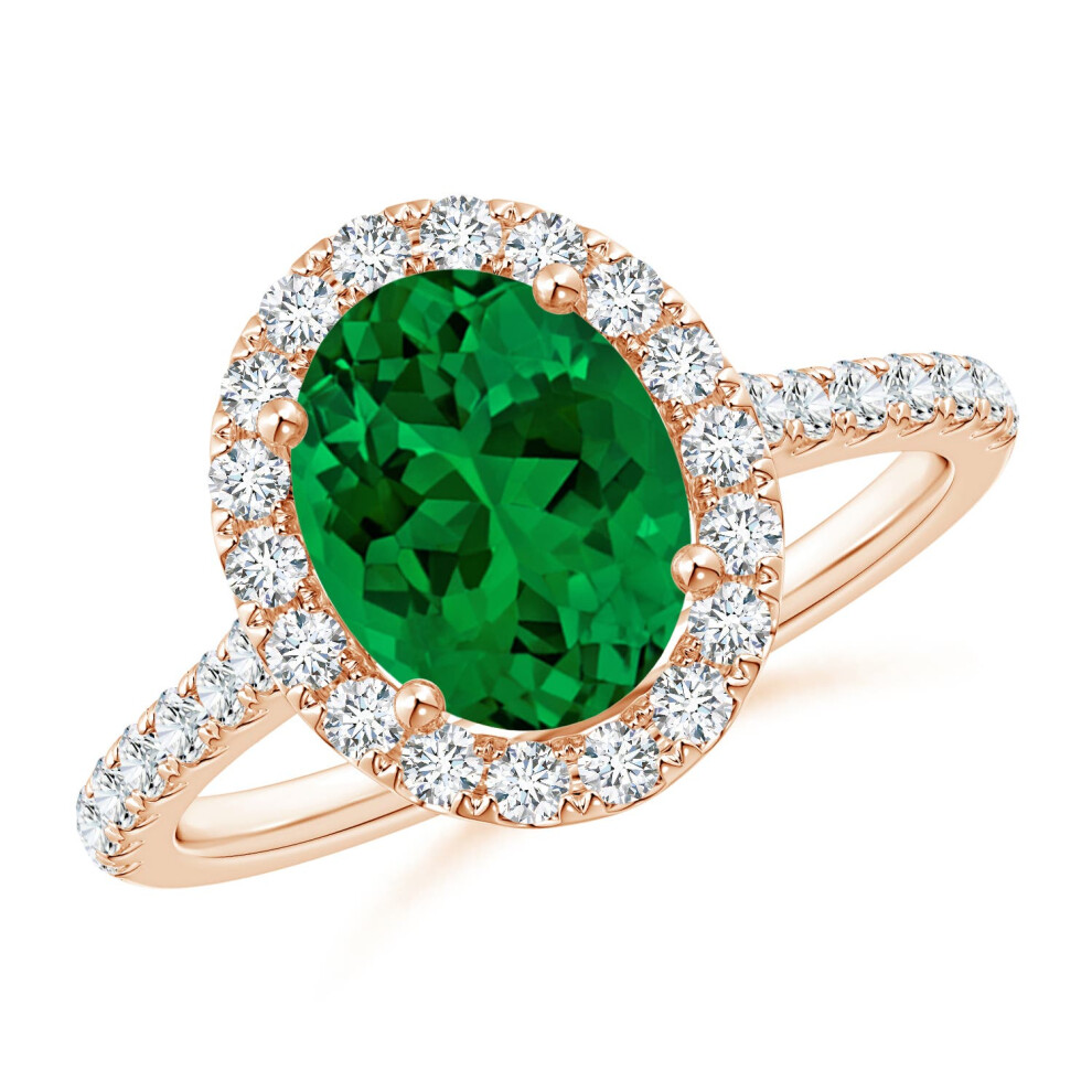 (R 1/2, 9ct Rose Gold) Angara Lab-Grown Oval Emerald Halo Ring with Diamond Accents for Women-image-OPC-PGHPT8H-NEW