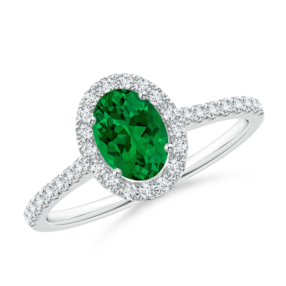 (Q 1/2, 14ct White Gold) Angara Lab-Grown Oval Emerald Halo Ring with Diamond Accents for Women-image-OPC-PGHPTB6-NEW