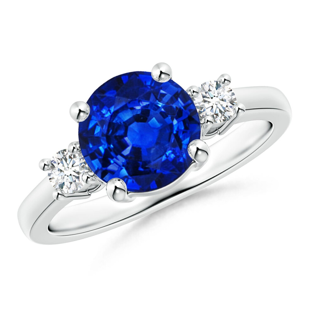 (S 1/2, Sterling Silver) Angara Lab-Grown Prong-Set Round 3 Stone Blue Sapphire and Lab Diamond Ring for Women-image-OPC-PGHPX8P-NEW