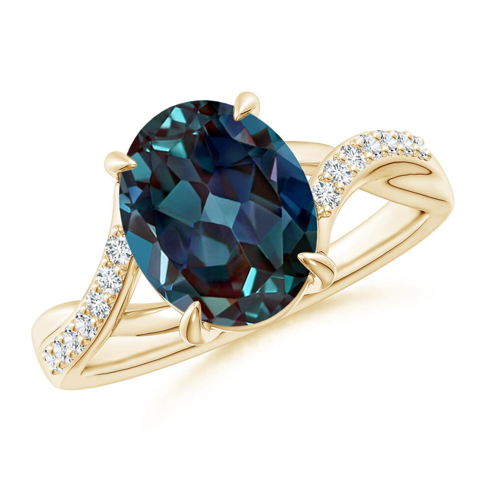 (O 1/2, 9ct Yellow Gold) Angara Oval Lab-Grown Alexandrite Split Shank Ring with Diamond Accents for Women-image-OPC-PGHPYTQ-NEW