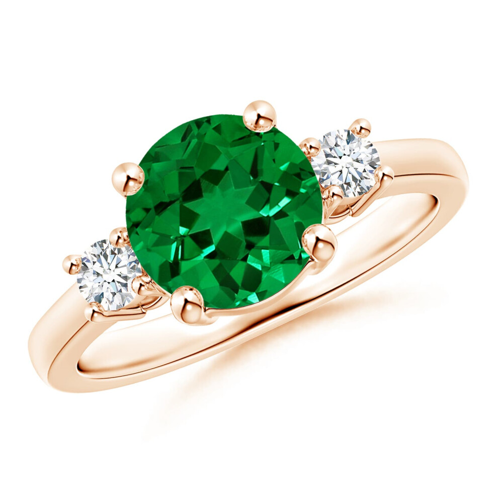 (M 1/2, 9ct Rose Gold) Angara Prong-Set Round 3 Stone Lab-Grown Emerald and Diamond Engagement Ring for Women-image-OPC-PGHPZB6-NEW