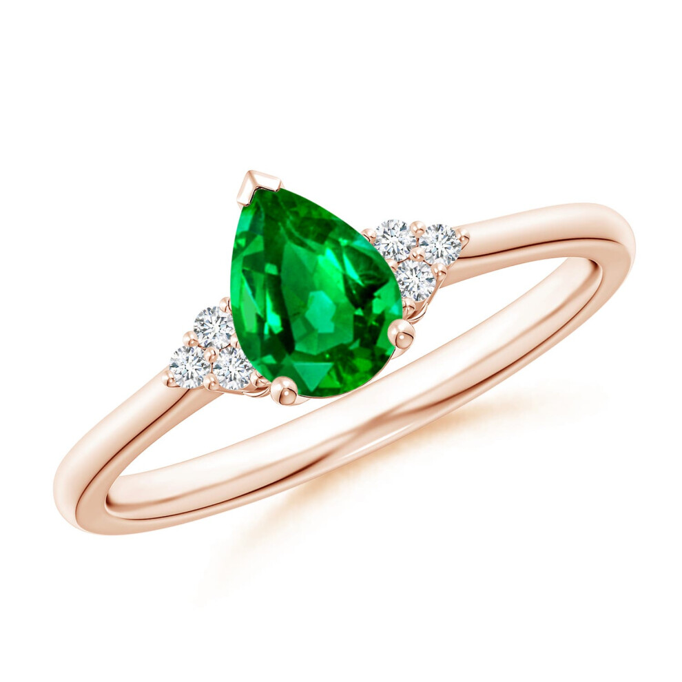 (K 1/2, 14ct Rose Gold) Angara Lab-Grown-Pear Emerald Solitaire Ring with Trio Diamond Accents for Women-image-OPC-PGHPZJM-NEW