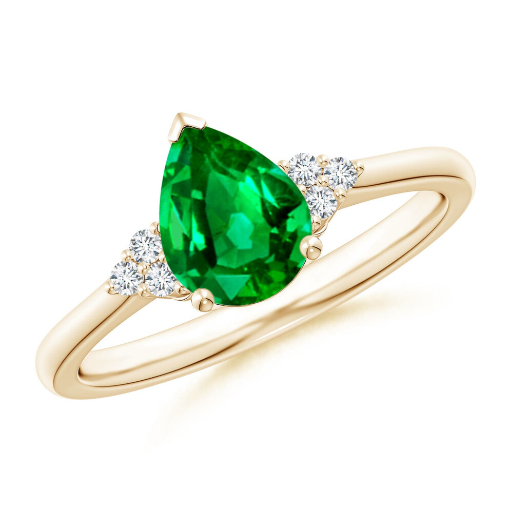 (N 1/2, 9ct Yellow Gold) Angara Lab-Grown-Pear Emerald Solitaire Ring with Trio Diamond Accents for Women-image-OPC-PGHPZSQ-NEW