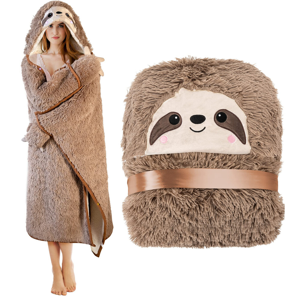 Lieux Heureux Sloth Wearable Hooded Blanket For Adults - Fluffy Super Soft Shaggy Faux Fur, Fuzzy Warm Cozy Plush Furry Fleece & Sherpa Hoodie Throw Cloak Wrap - S
