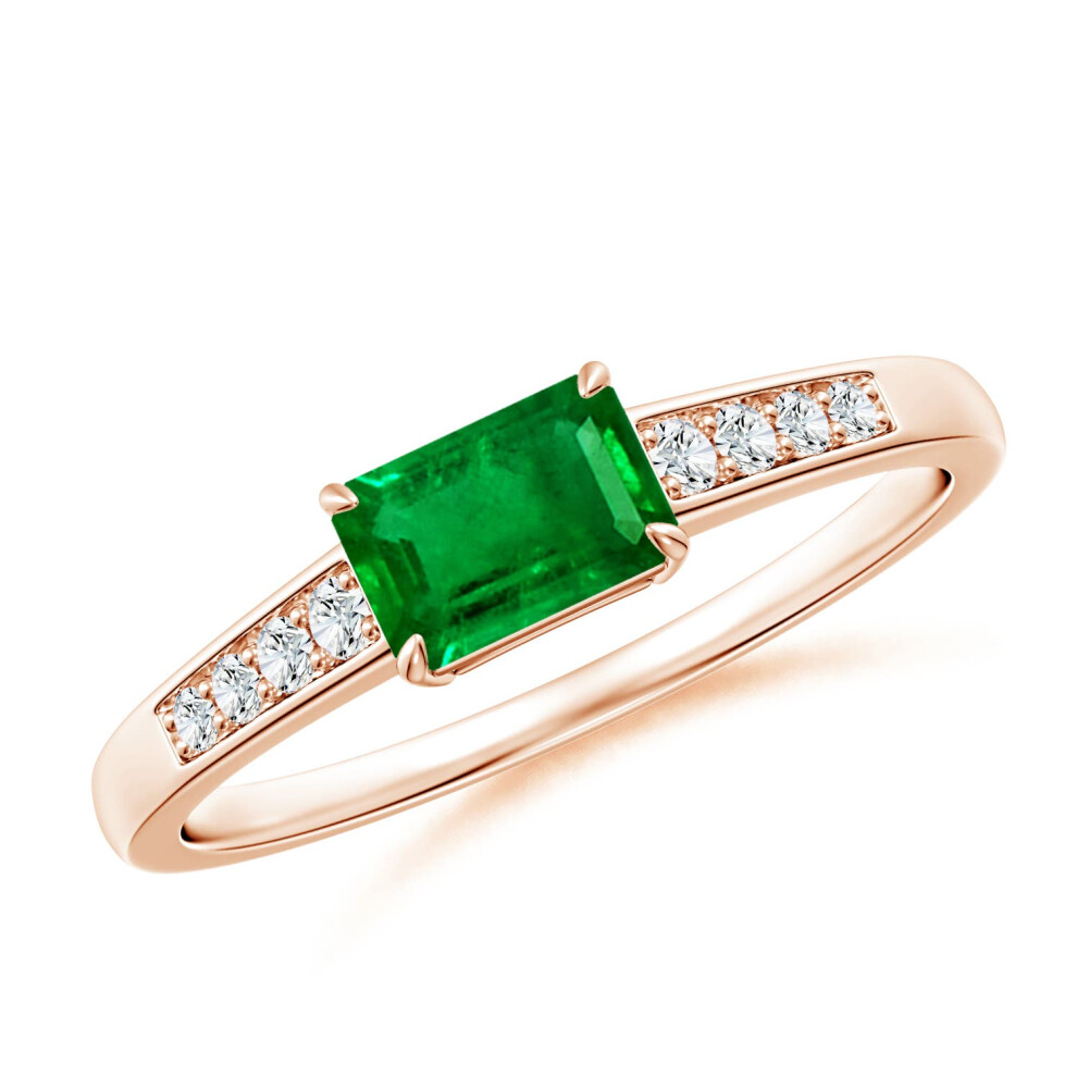 (Q 1/2, 9ct Rose Gold) Angara Lab-Grown-East West Emerald-Cut Emerald Solitaire Ring with Diamond Accents for Women-image-OPC-PGHQ2XQ-NEW