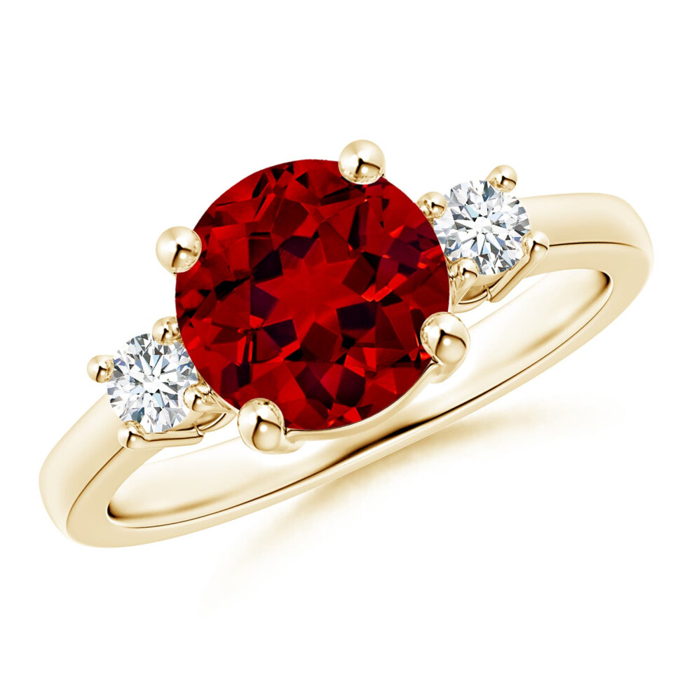 (N 1/2, 14ct Yellow Gold) Angara Lab-Grown Prong-Set Round 3 Stone Ruby and Lab Diamond Ring for Women-image-OPC-PGHQ79R-NEW