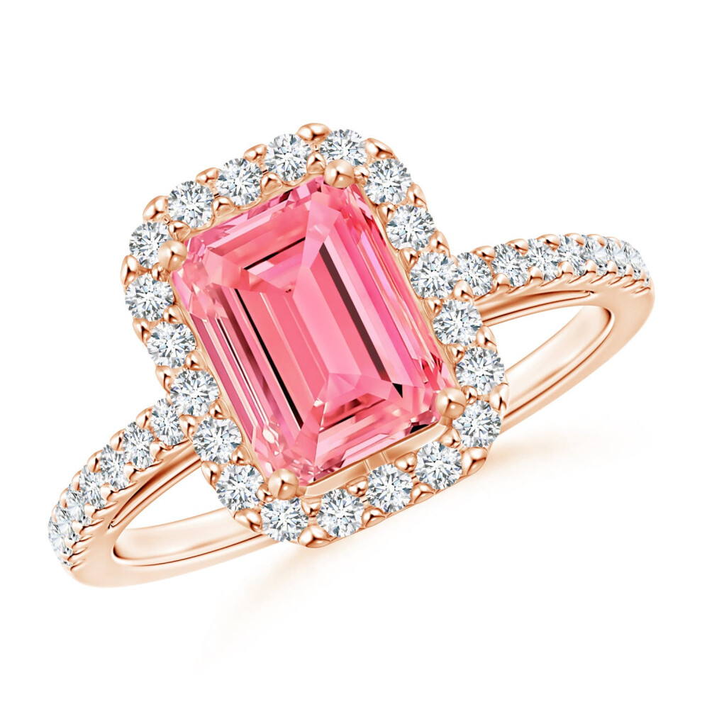 (Q 1/2, 9ct Rose Gold) Angara Emerald-Cut Lab-Grown Fancy Intense Pink Diamond Halo Ring for Women-image-OPC-PGHQQ5N-NEW