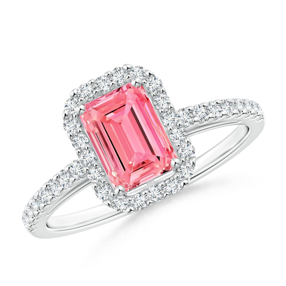 (R 1/2, Sterling Silver) Angara Emerald-Cut Lab-Grown Fancy Intense Pink Diamond Halo Ring for Women-image-OPC-PGHQQ6M-NEW