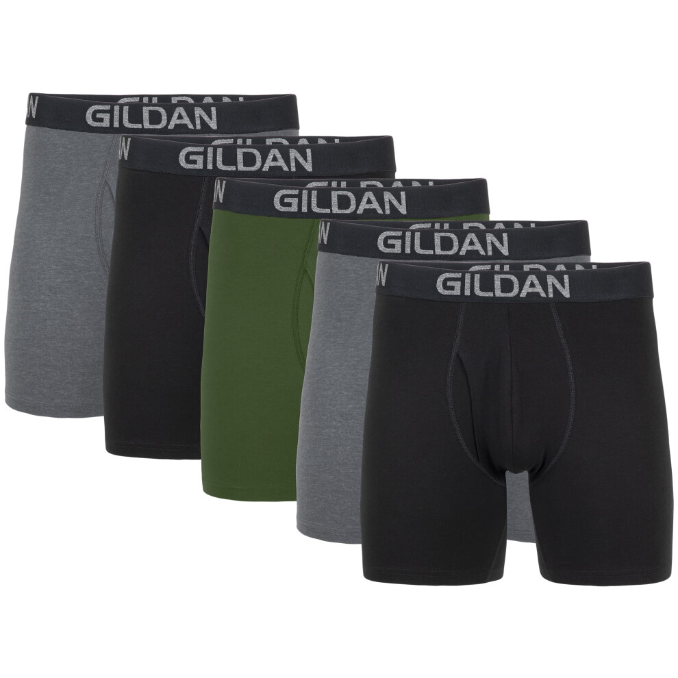 Gildan Men's Underwear Cotton Stretch Boxer Briefs  Multipack  Heather Dark Grey/Black Soot/Green Midnight 5-Pack  2X-Large