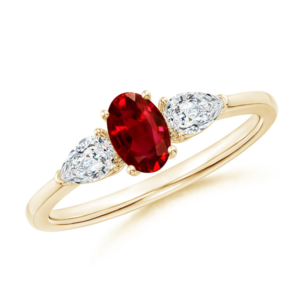 (J 1/2, 9ct Yellow Gold) Angara Lab-Grown Oval Ruby Three Stone Ring with Pear Diamonds for Women-image-OPC-PGHQRJJ-NEW