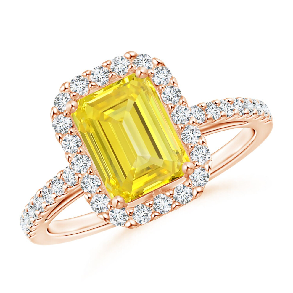 (K 1/2, 9ct Rose Gold) Angara Emerald-Cut Lab-Grown Fancy Intense Yellow Diamond Halo Ring for Women-image-OPC-PGHQTSW-NEW