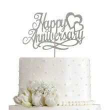 AMINJIE Happy Anniversary Cake Topper, Aniversare de nunta, Companie, Aniversare, Decor pentru petrecere de na?tere, cu sclipici argintiu cu doua
