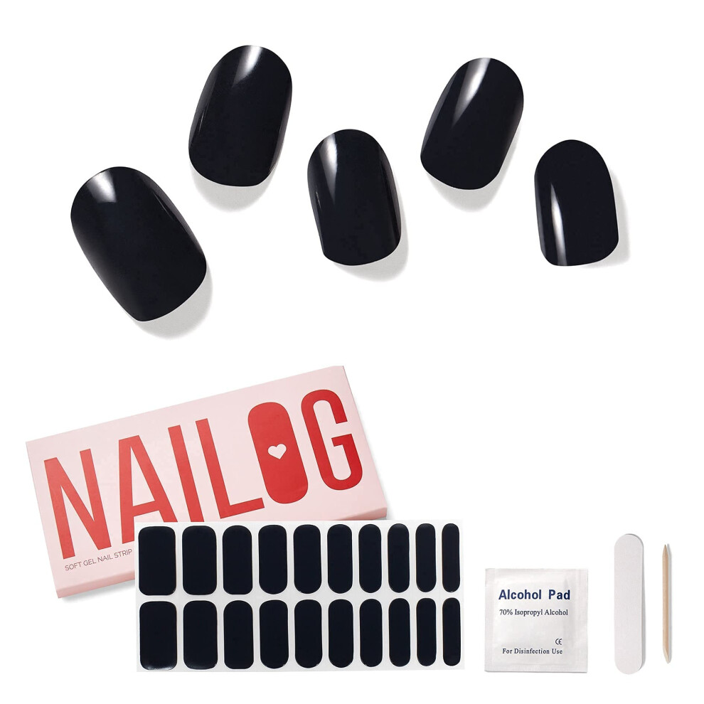 Nailog Semi Cured Nail Strips (20 Extra Long Gel Nail Strips) Glossy & Long Lasting Nail Polish Stickers With Soft Gel Finishing Noir