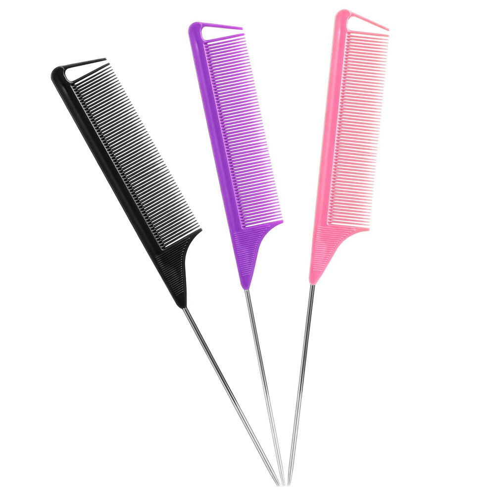 Kunihiko Unisex Rat Tail Combs Parting Comb: 3Pcs Rat Tail Comb Set Long Steel Pin Ra