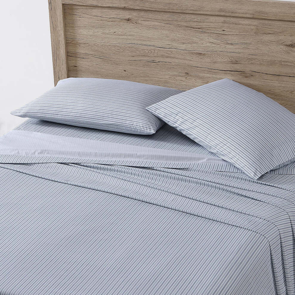 Parure de lit Eddie Bauer en percale de coton, draps frais et    l   gants, d   coration d'int   rieur, lit double, rayures bleu/blanc