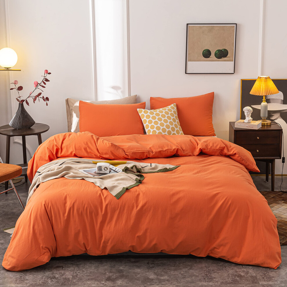 Housse de couette en coton d   lav    Janlive King, ultra douce, 100 % coton, couleur unie, orange, avec fermeture    clair - 3 pi   ces, orange King