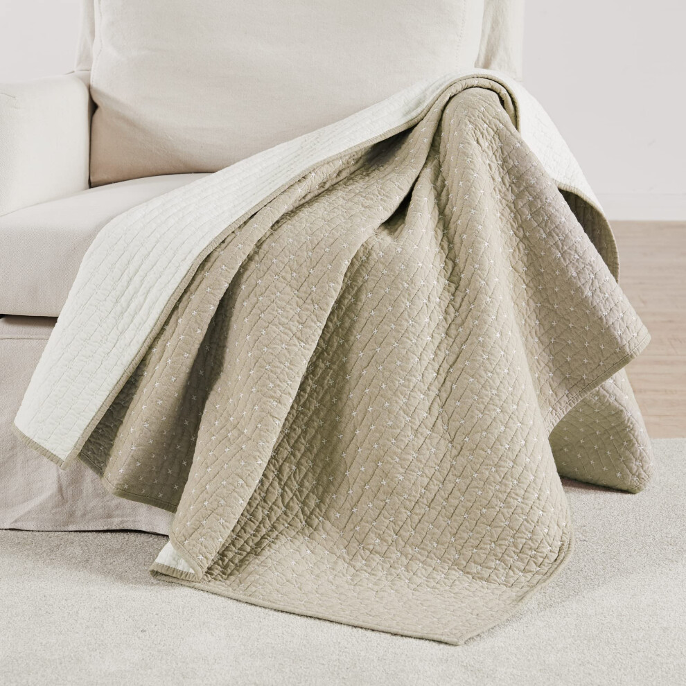 Levtex Home - Point de croix - Jet    matelass    - 127 x 152 cm - 100 % coton - Motif r   versible - Taupe avec coutures contrast   es blanches