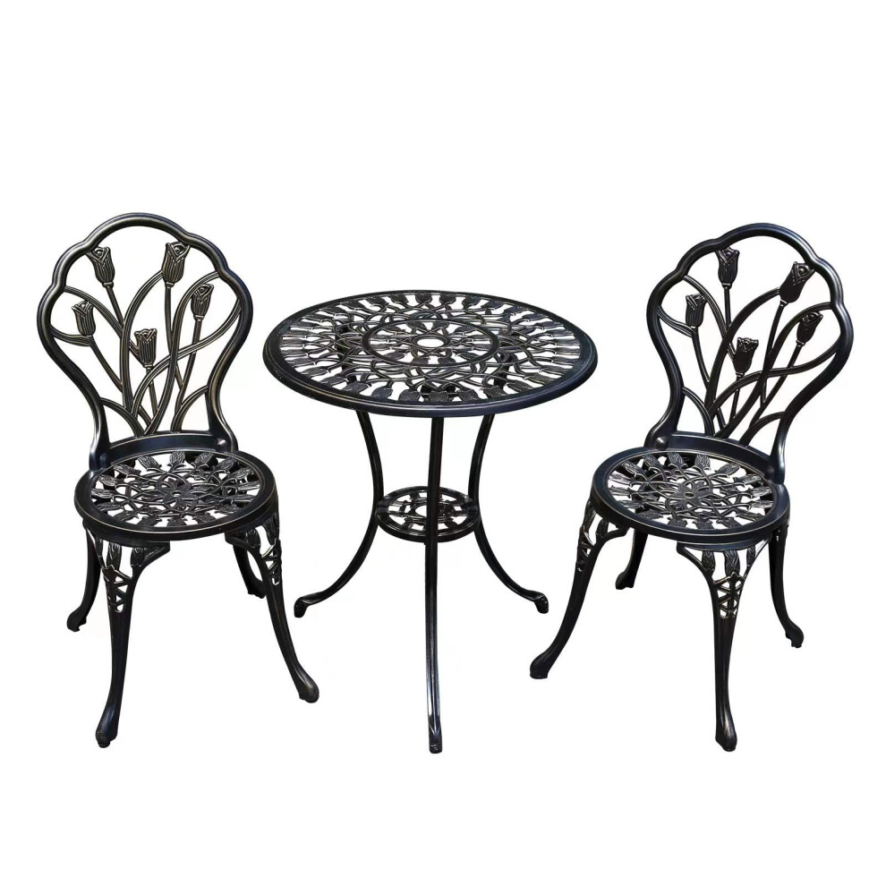 Ensemble bistro JARDIN DE CENTENNIAL. Table bistro en fonte d'aluminium antirouille avec trou pour parasol (cuivre tulipe)