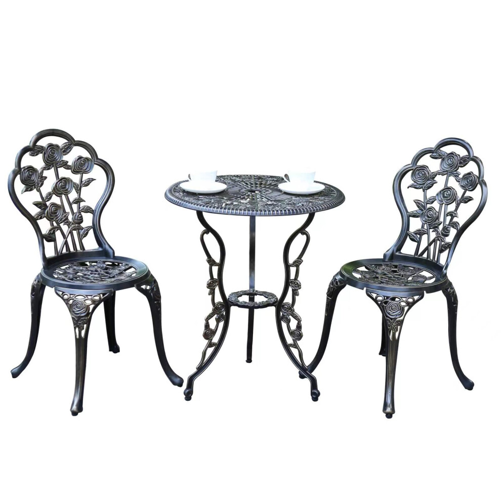 Ensemble bistro JARDIN DE CENTENNIAL. Table bistro en fonte d'aluminium antirouille avec trou pour parasol (cuivre rose)