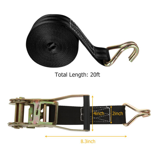 2 Pacote 2 Polegadas Cintas de Ratchet Pesadas 20ft com Gancho J, 8000 LBS Força de Quebra 1