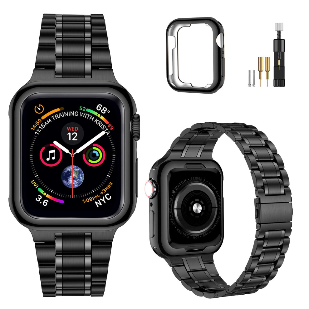 Bracelet MioHHR en acier inoxydable massif compatible avec Apple Watch 41 mm, avec coque en TPU souple, pour iWatch Series 9, 8 et 7, noir, pour