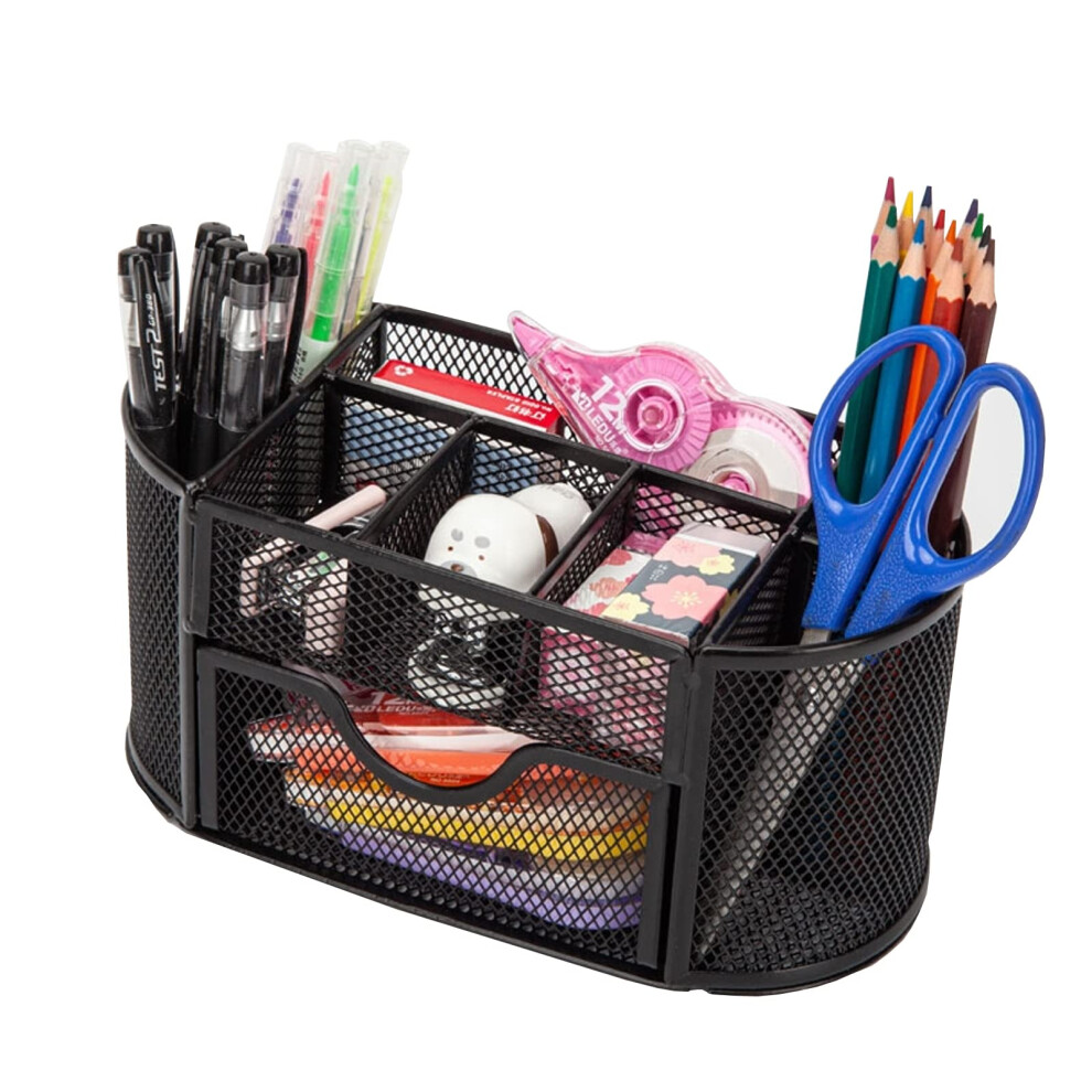 Mesh Pen Holder  Desk Organizer for Desk Pencil Holder with 8 Compartments and 1 Drawer Desk Supplies for Office Home 1 PC-image-OPC-PFNF7Y5-NEW