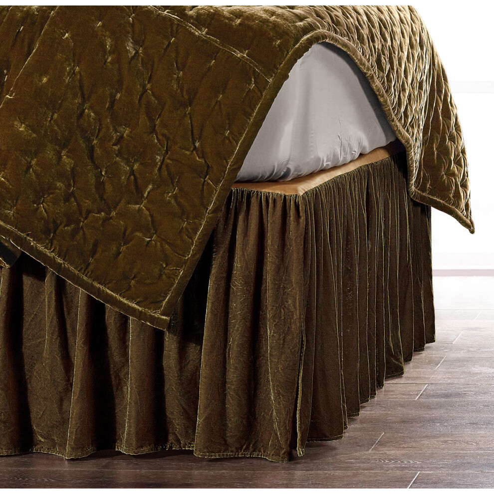 Jupe de lit en velours imitation soie Stella HiEnd Accents Vert ocre Super Queen Size Romantique Moderne Western Style Traditionnel Literie