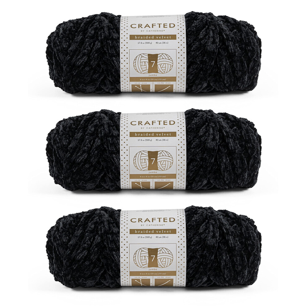 Crafted By Catherine Geflochtenes Samtgarn 3Er-Pack, Schwarz, St Rke 7, Jumbo-image