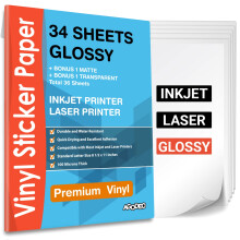 Premium Printable Vinyl Sticker Paper for Inkjet & Laser Printer - 34 Sheets Self-Adhesive Sheets Glossy White Waterproof Dries Quickly Vivid Colors