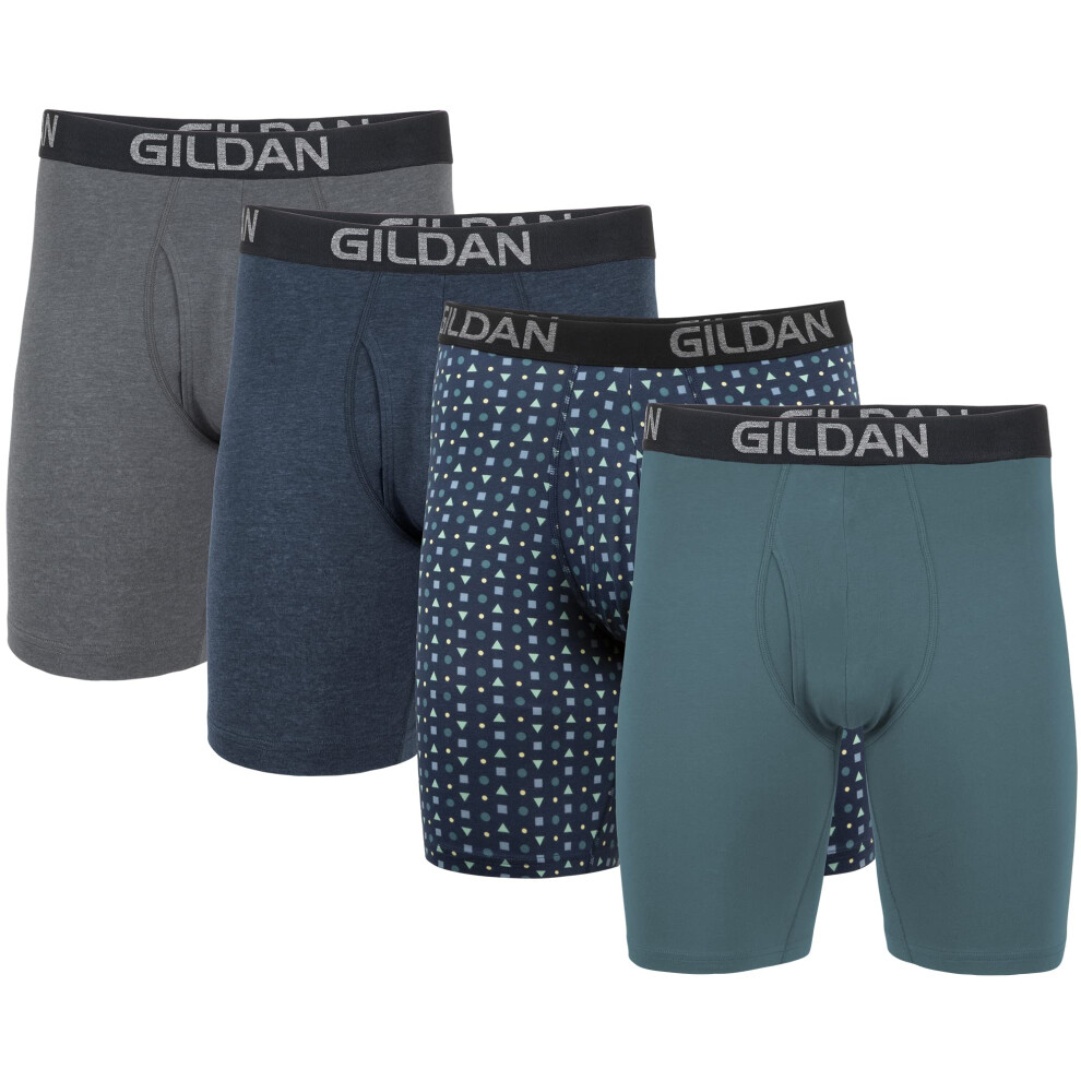 Gildan Men's Underwear Cotton Stretch Boxer Briefs  Multipack  Hthr Dark Grey/Hthr Navy/Shapes/Blue 4-Pack  Large